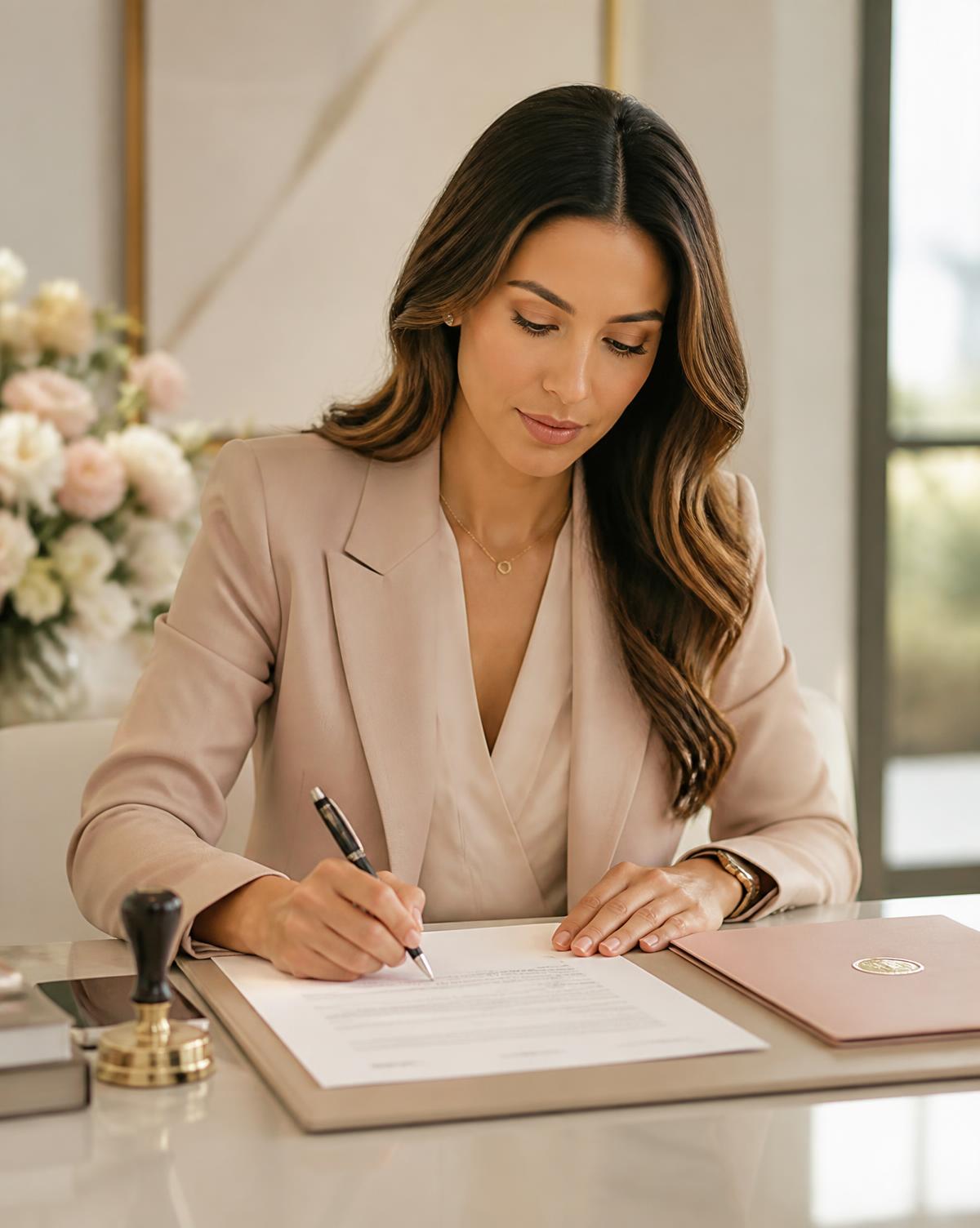 A professional woman seated at a bright desk completing and reviewing documents