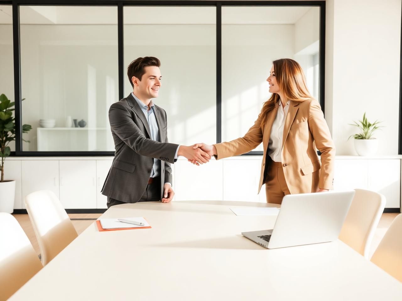 Two business professionals shaking hands across a table in a modern office